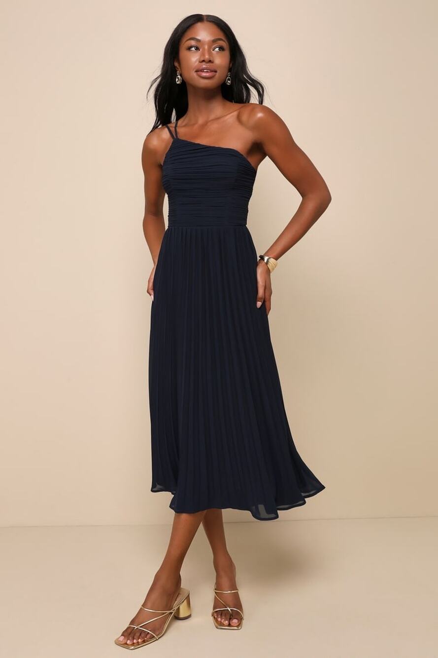 NWT Lulus Wondrous Muse Navy Blue Pleated One-Shoulder Midi Dress Gala Size L